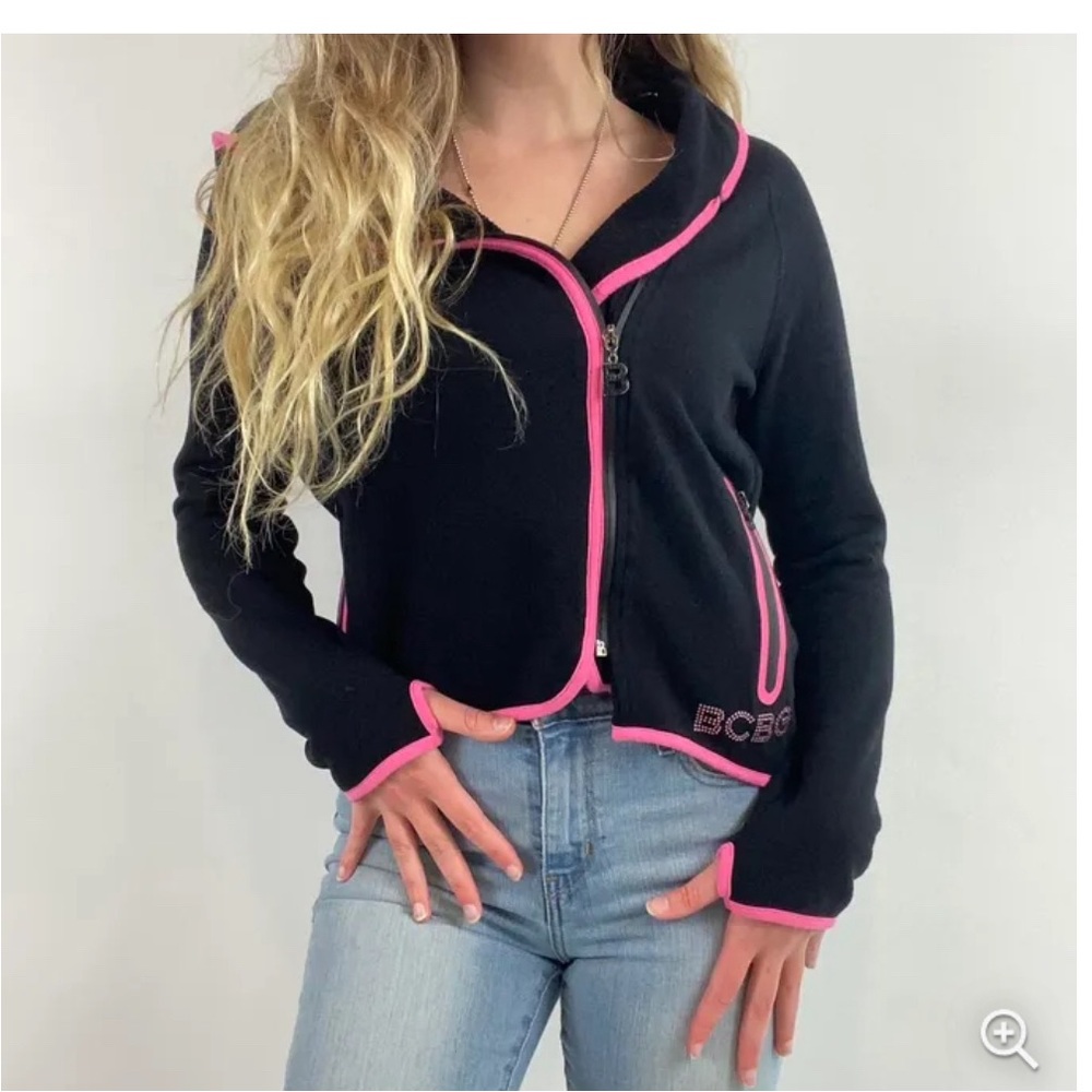 BCBG MAXAZRIA Black Hot Pink Trim Full Zip Pockets Hoodie Sweatshirt
